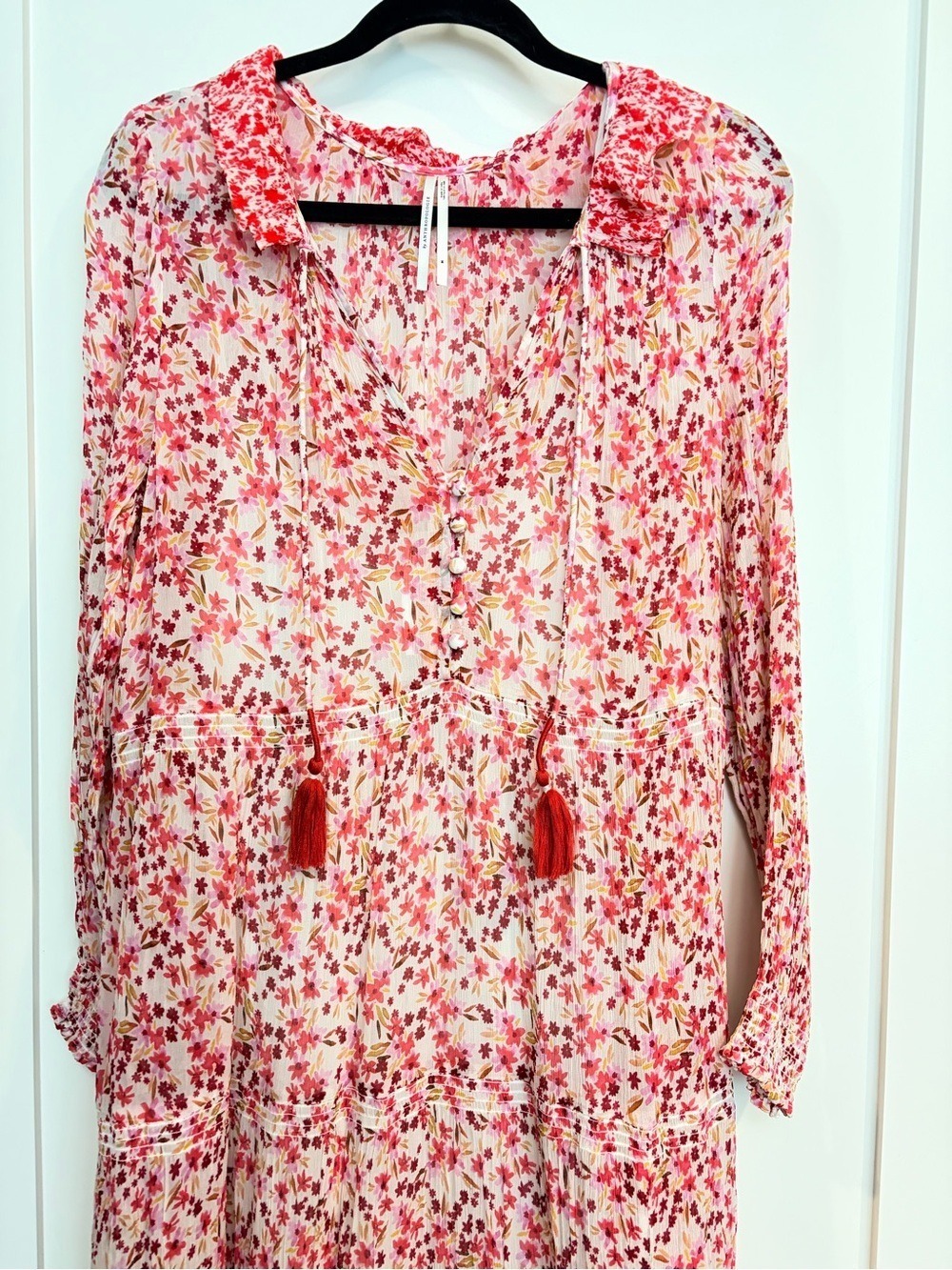 Anthropologie Floral Tiered Maxi Dress Pink Boho Cottagecore Tassel Tie Medium - Picture 13 of 13